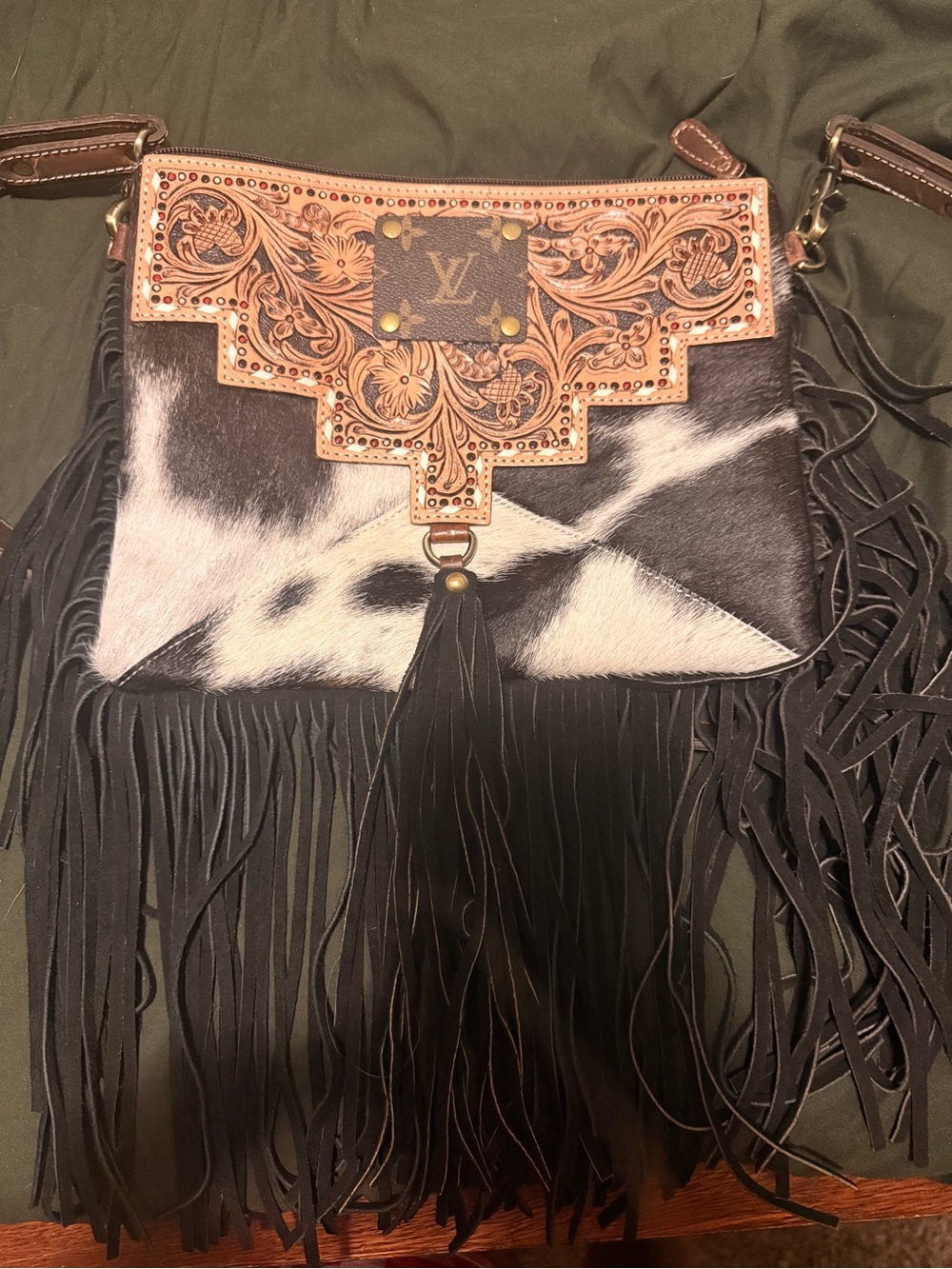 Fringe Leather & Cowhide Crossbody Bag - Black & White